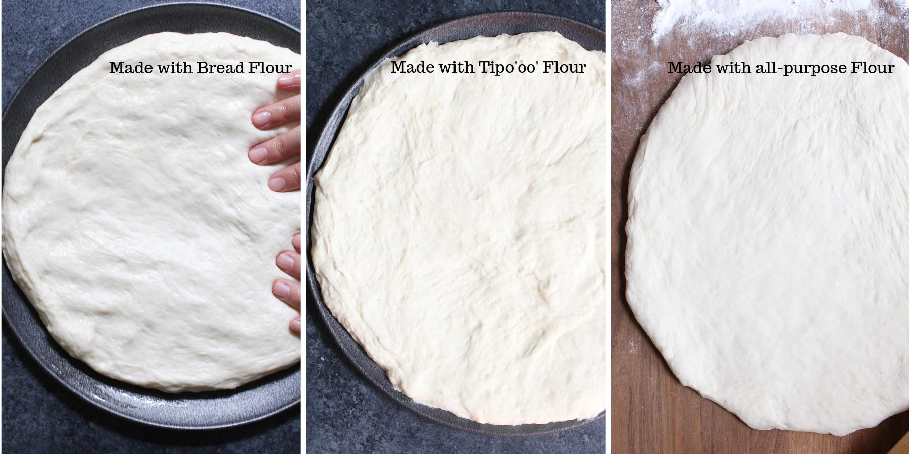 Comparison of 3 types of dough: from left to right are dough made with bread flour, Tipo 'oo' and all-purpose flour 