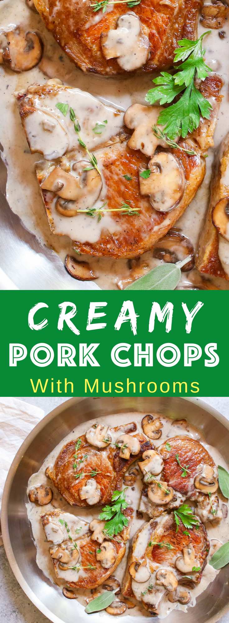 Cream of Mushroom Pork Chops with juicy and tender pork chops smothered in rich and creamy mushroom soup! This comforting Mushroom Pork Chops dish makes an easy dinner recipe for busy nights with one pan and 30 minutes! #CreamyPorkChops #MushroomPorkChops