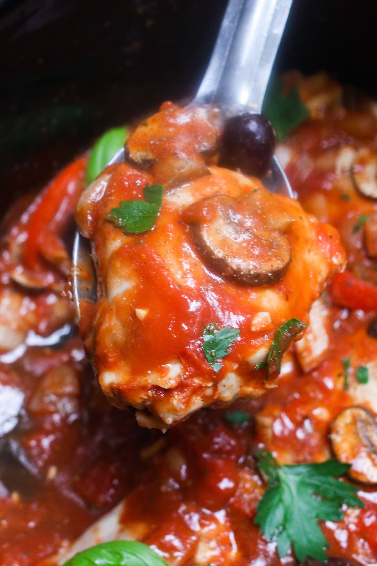 Close-up of cooked chicken cacciatore.