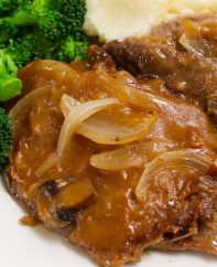 Crock Pot Cube Steak and Gravy made with tender and succulent cubed steak smothered in a rich and divine mushroom sauce in a slow cooker.