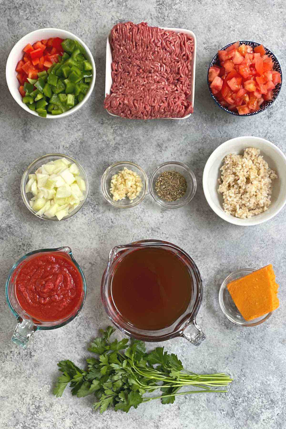 Ingredients for slow cooker stuffed pepper soup