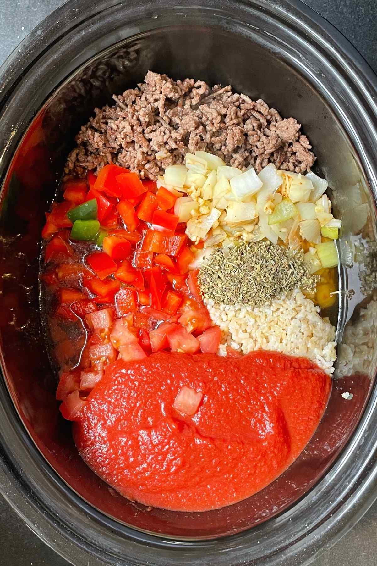 Soup ingredients in the slow cooker before cooking