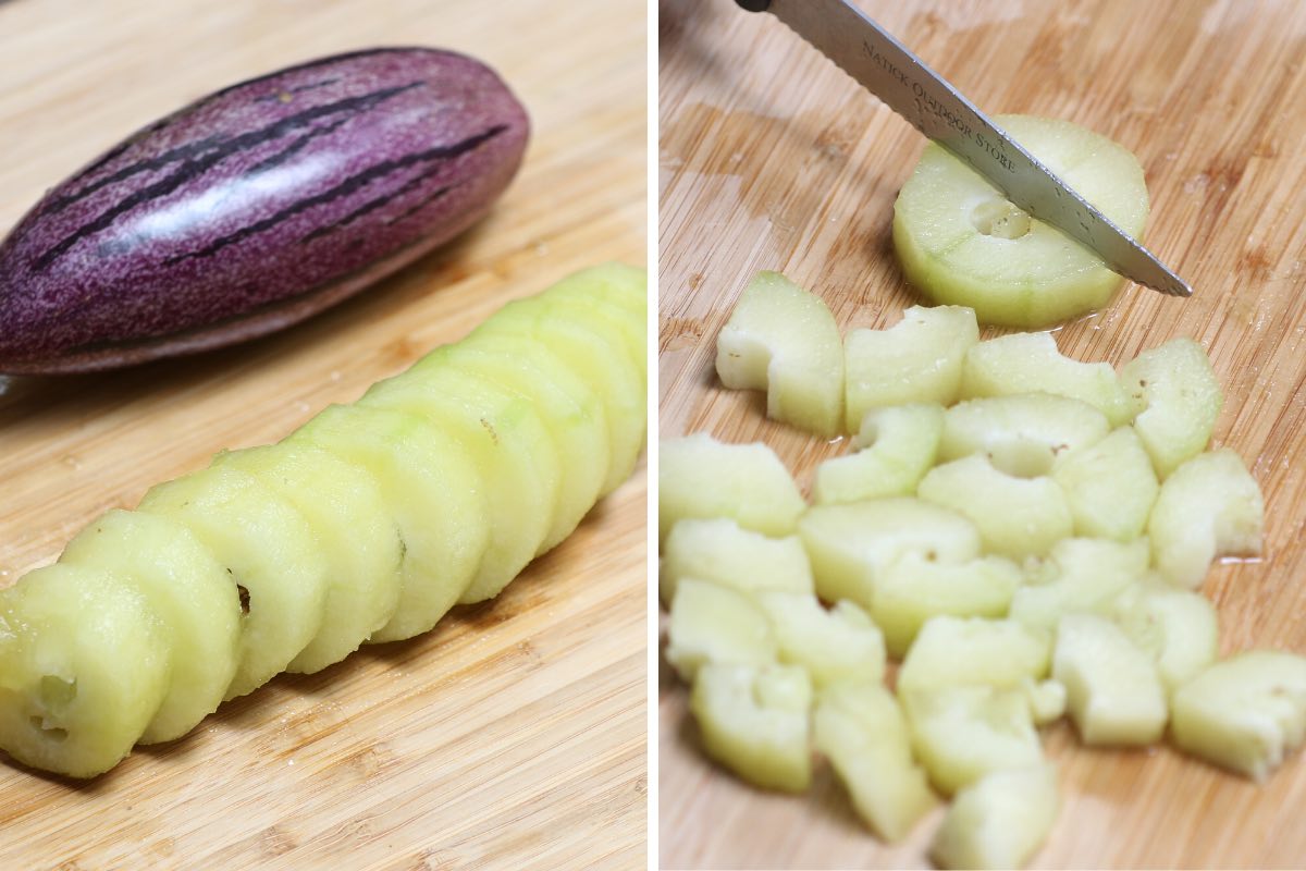 Cutting sweet cucumber slices into chunks for a salad