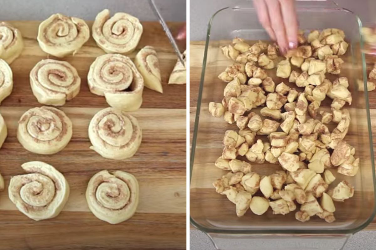 Cutting up cinnamon rolls and adding to a baking pan