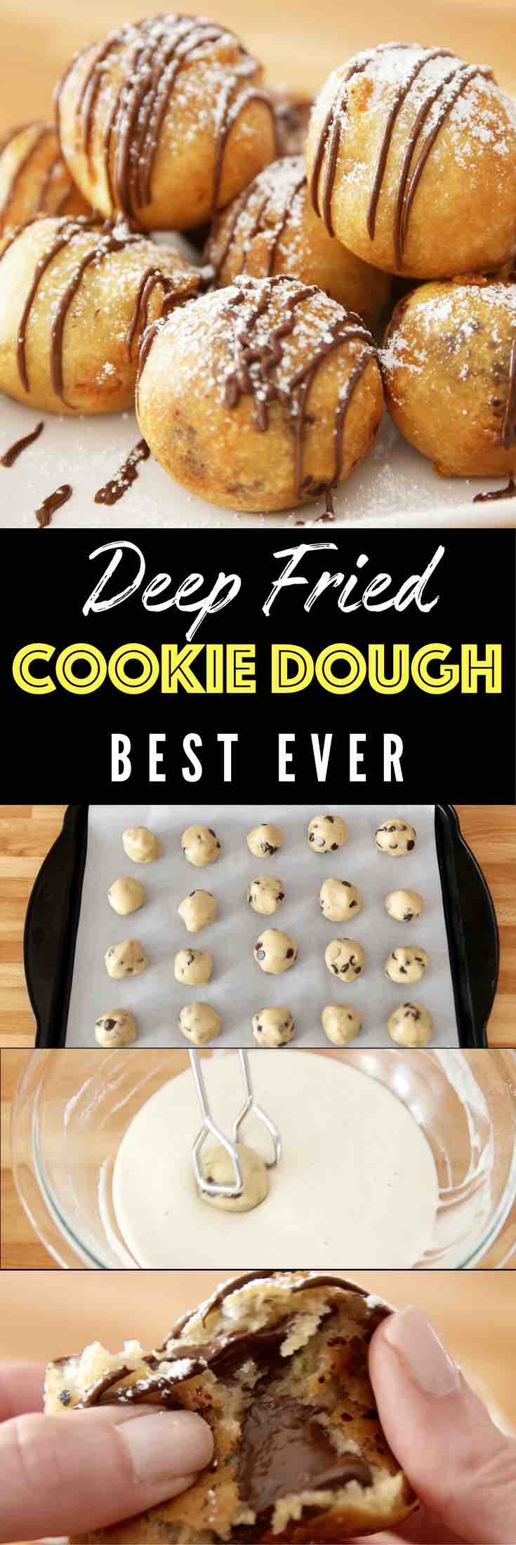 Deep Fried Cookie Dough – OMG seriously the best dessert ever! Enjoyed the deep-fried cookie dough awesomeness of the state fair all year round. Chocolate chip cookie dough dipped in homemade batter, and fried to a fluffy, golden crispy ball with a warm and melty chocolate chips inside. Quick and easy recipe. Perfect for party desserts. No bake, vegetarian. Video recipe. | Tipbuzz.com