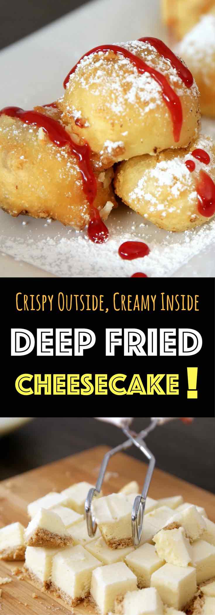 Crispy & Creamy Deep Fried Cheesecake – Crispy outside and creamy inside! you can’t resist this delicious dessert made with your favorite frozen or leftover cheesecake. It only requires a few simple ingredients: flour, baking powder, salt, sugar, milk and oil. It’s great for a party, cheat days or a midnight snack. So yummy! No bake dessert. Vegetarian. Video recipe. | tipbuzz.com