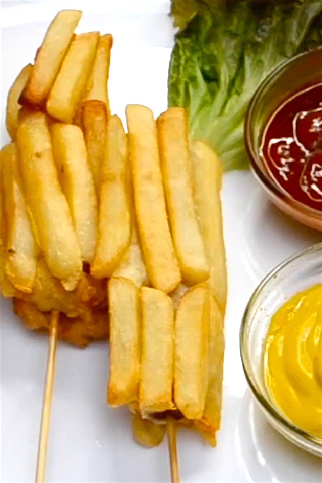 Hot dogs battered and coated in french fries before being deep fried to golden perfection. Perfect for a party