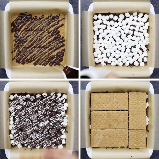 Deep Fried Smores - this graphic shows the process for layering together the graham crackers, chocolate and marshmallows