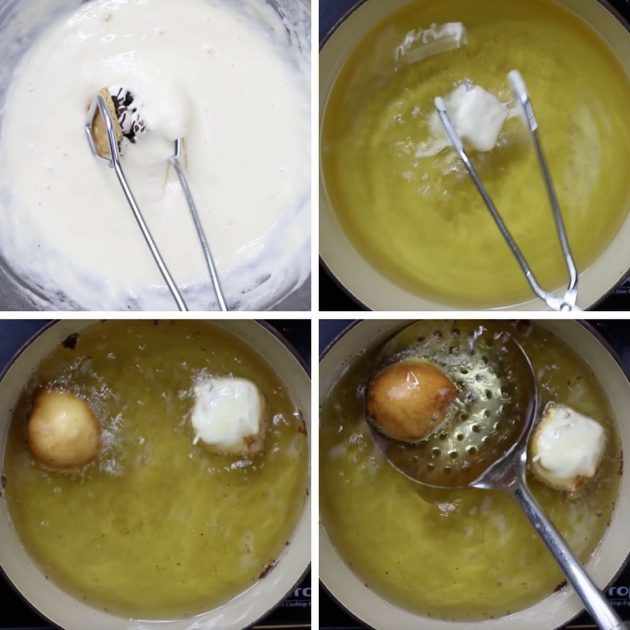 The key steps for battering and deep frying dessert balls until fluffy and golden