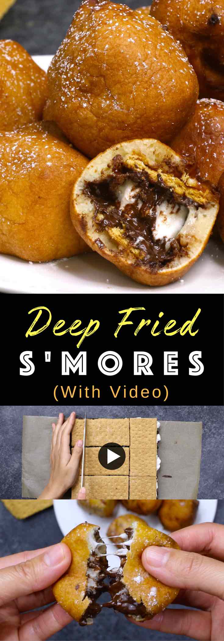 Deep Fried S’mores combine graham crackers, chocolate and marshmallows that are battered and fried to golden, fluffy perfection! Perfect for a party! #friedsmores