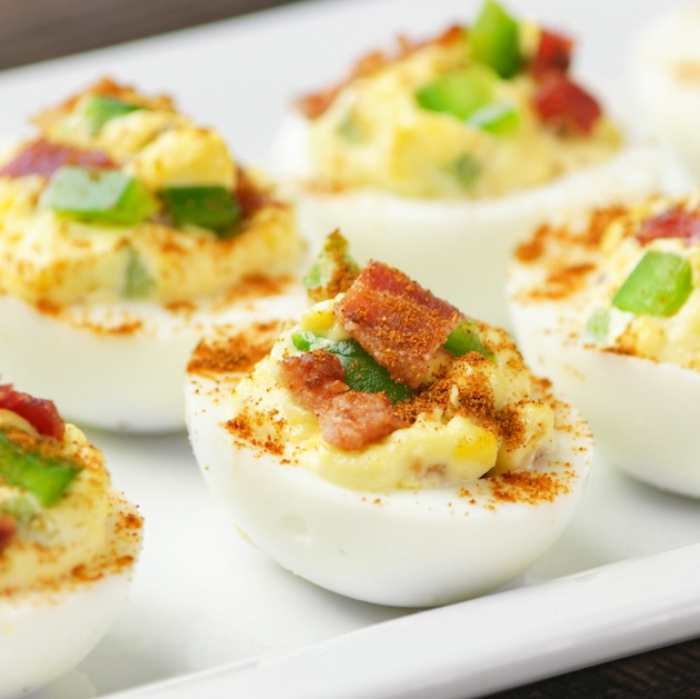 Deviled Eggs with Bacon on a platter ready to be served for a party appetizer