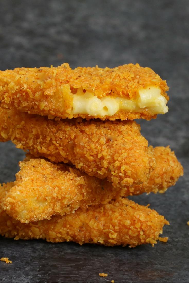 Fried Mac and Cheese Bites made with a Doritos crust. They're crispy on the outside and creamy inside!