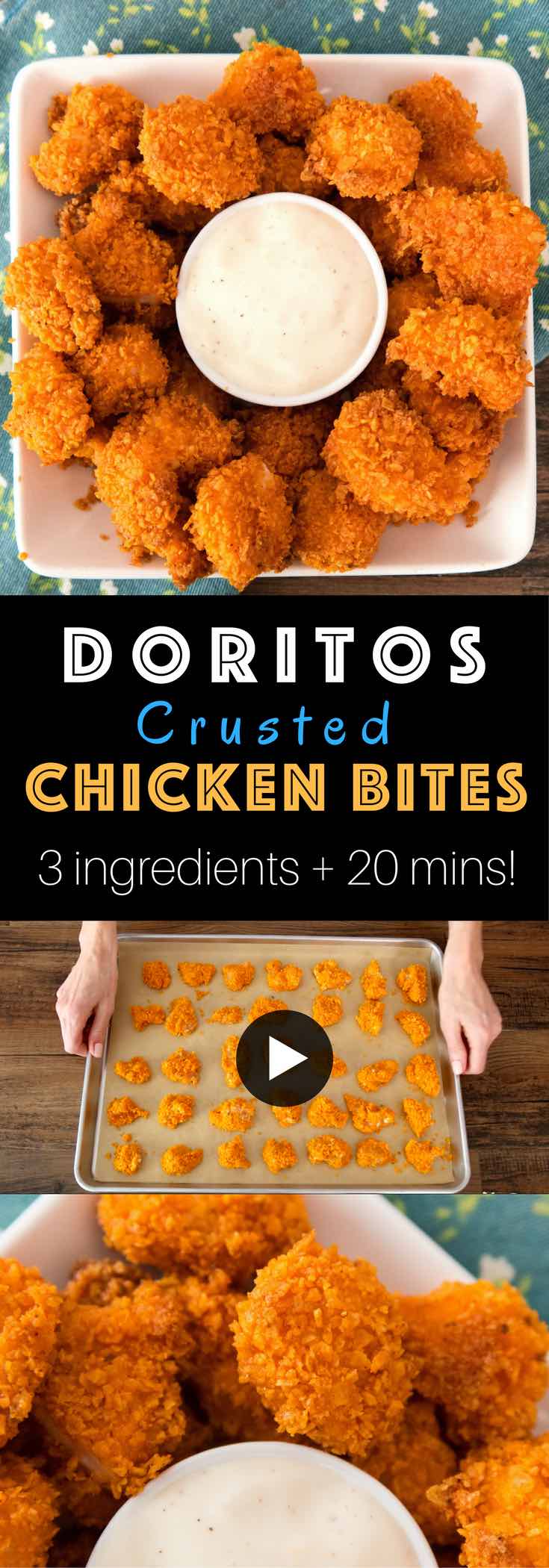 Doritos Chicken Bites - a delicious baked appetizer that's easy to make with just 3 ingredients in about 20 minutes. Crispy on the outside and tender inside, they're perfect as an appetizer for a party or Game Day, or just an everyday snack! #doritochicken #popcornchicken 