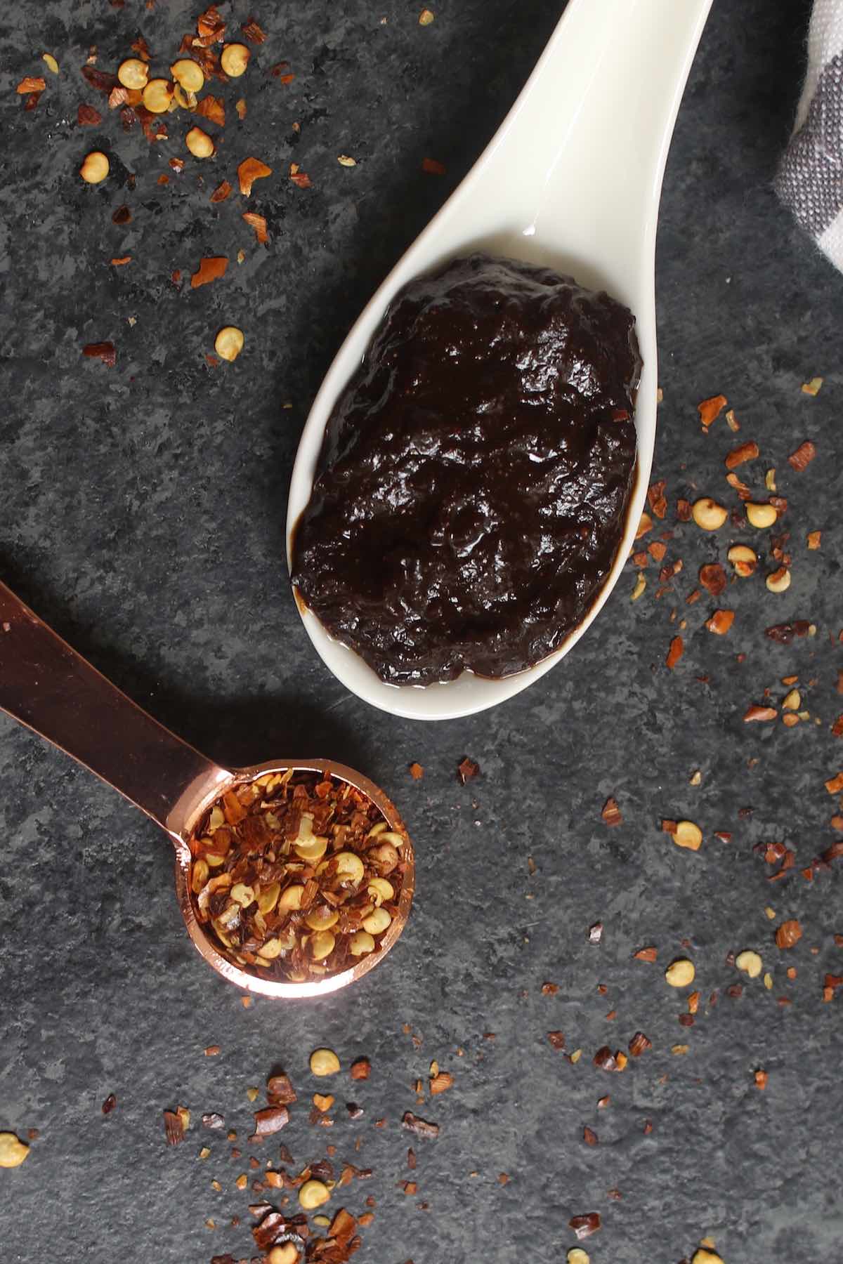 Doubanjiang substitute ingredients: regular black soybean paste and red chili flakes.