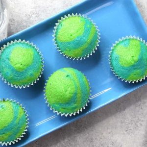 Earth Day Cupcakes with a blue and green swirl pattern