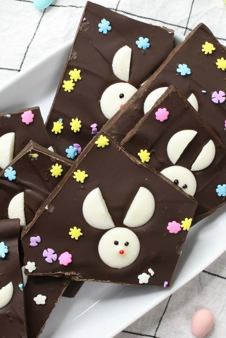 Easter Bark with a colorful bunny theme made using chocolate candy melts