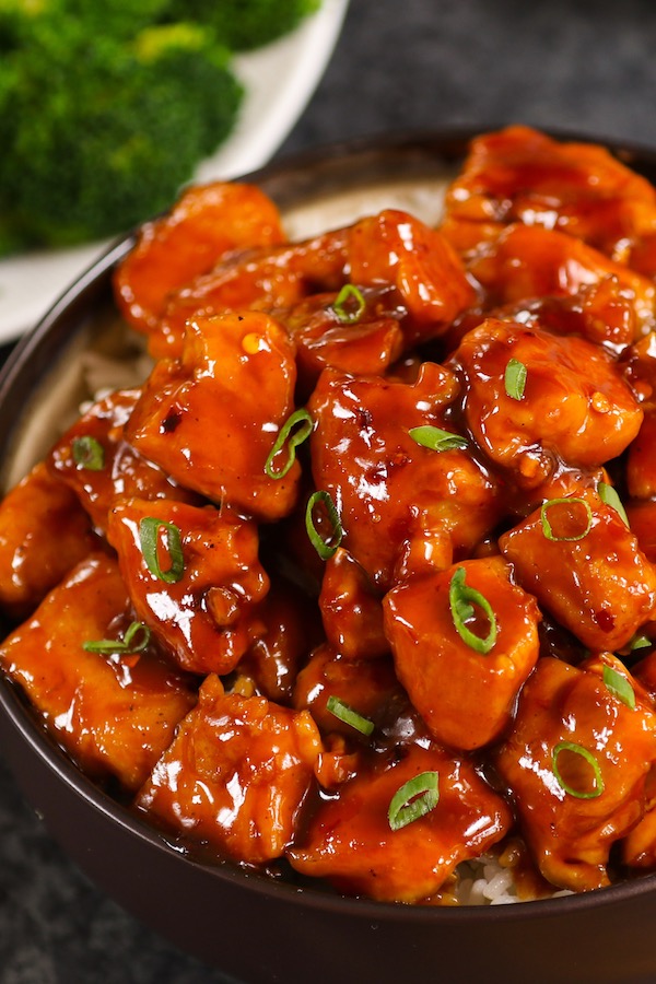 Bourbon Chicken in a rice bowl