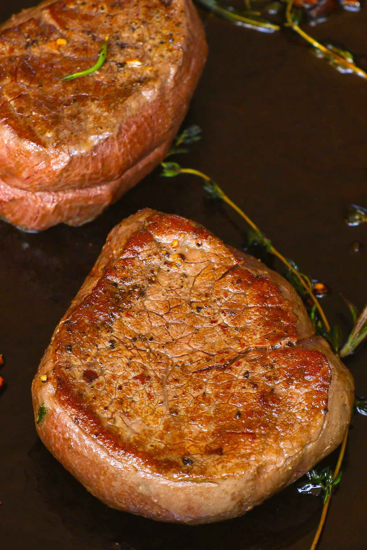 Filet mignon pan seared to produce a beautiful caramelized crust