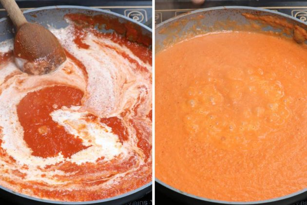 Mixing cream into tomato sauce to produce a bright pink-orange color