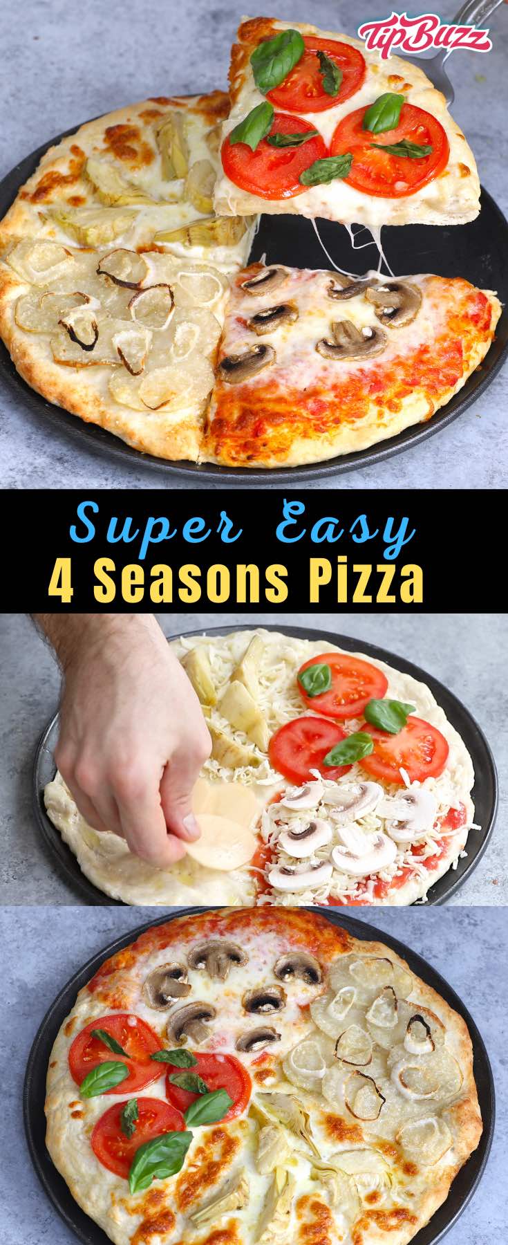 Four Seasons Pizza is divided into sections with different toppings representing the four seasons. This classic Italian recipe starts with homemade pizza dough and fresh ingredients for the best flavor. It’s so much fun to make and eat!