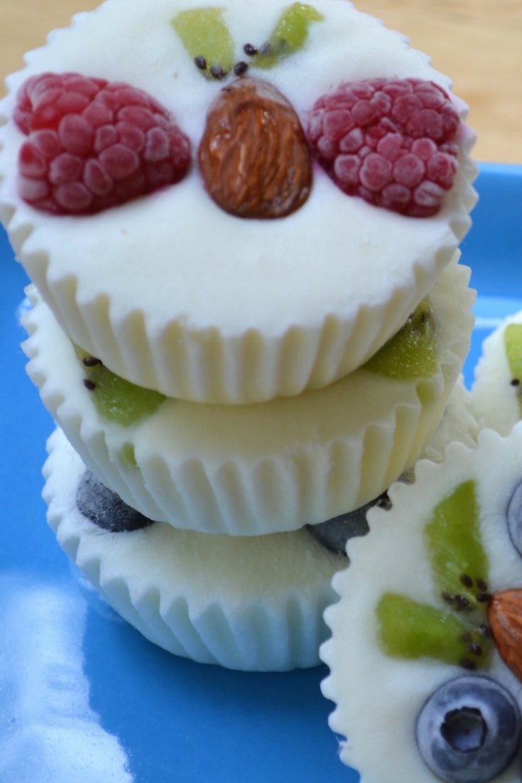 Homemade frozen yogurt bites with fresh fruits on top