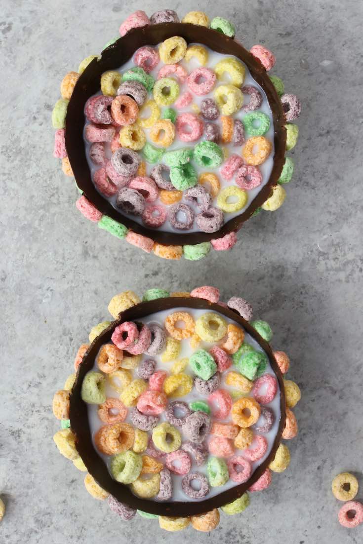 Edible fruit loops bowls made with chocolate and cereal