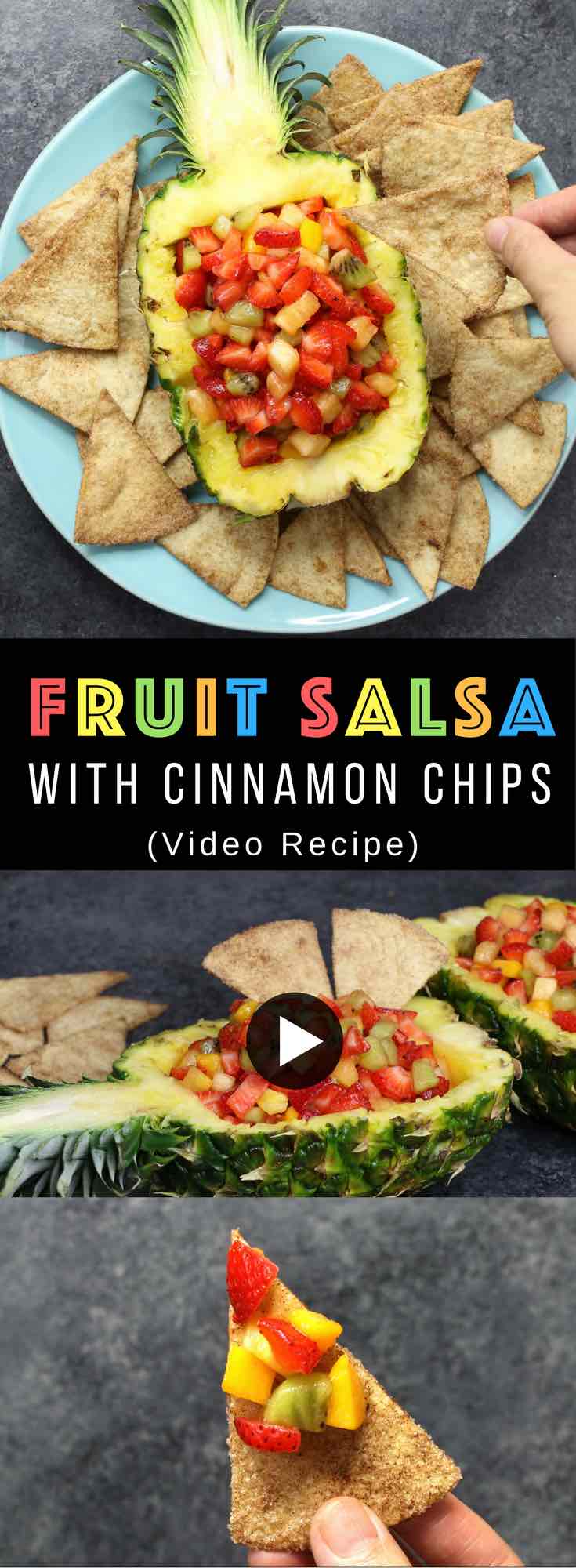 Fruit Salsa With Cinnamon Chips - a healthy appetizer or snack to make for a parties, barbecues and holidays. Serve with crispy cinnamon chips. Ready in 15 minutes! #fruitsalsa 