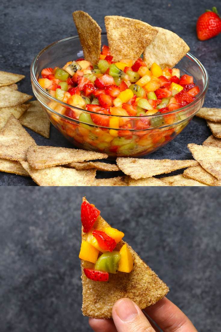 A bowl of homemade fruit salsa with cinnamon chips on the side