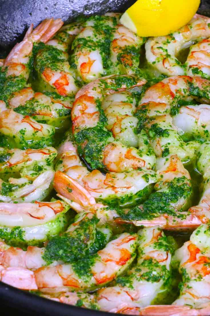 Closeup of garlic butter shrimp in a skillet after cooking