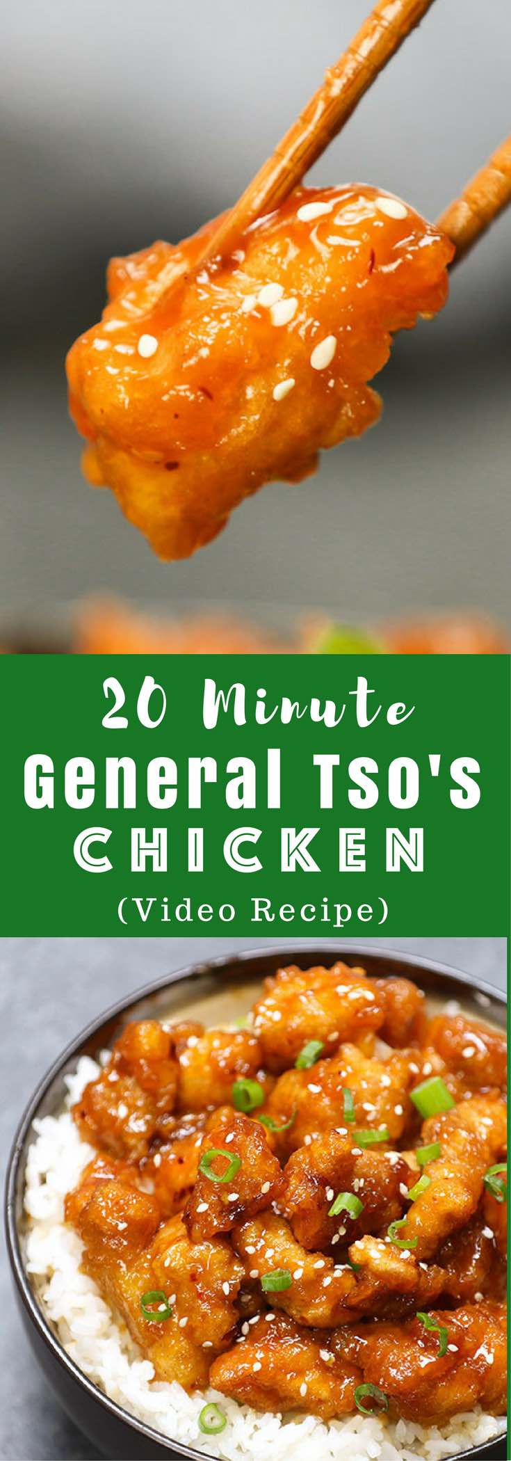 Better than take-out General Tso’s Chicken for the perfect easy weeknight dish- crispy, tender and sweet! It will be on your dinner table in 20 minutes. All you need is just a few simple ingredients: chicken breast, corn starch, garlic, ginger hoisin sauce, soy sauce, rice vinegar and sugar. So delicious! Easy dinner recipe. Video recipe. | Tipbuzz.com