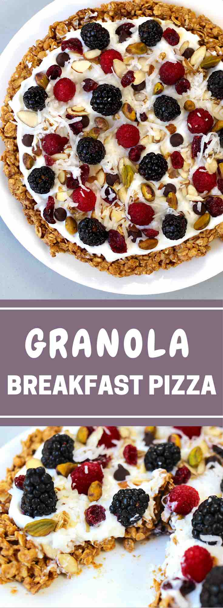 Healthy Breakfast Pizza With Granola Crust – A healthy and delicious recipe that’s easy to make with a few simple ingredients: granola, peanut butter, almonds, cinnamon, yogurt, berries and nuts. A perfect, vegetarian breakfast or brunch idea. So yummy! Video recipe. | tipbuzz.com