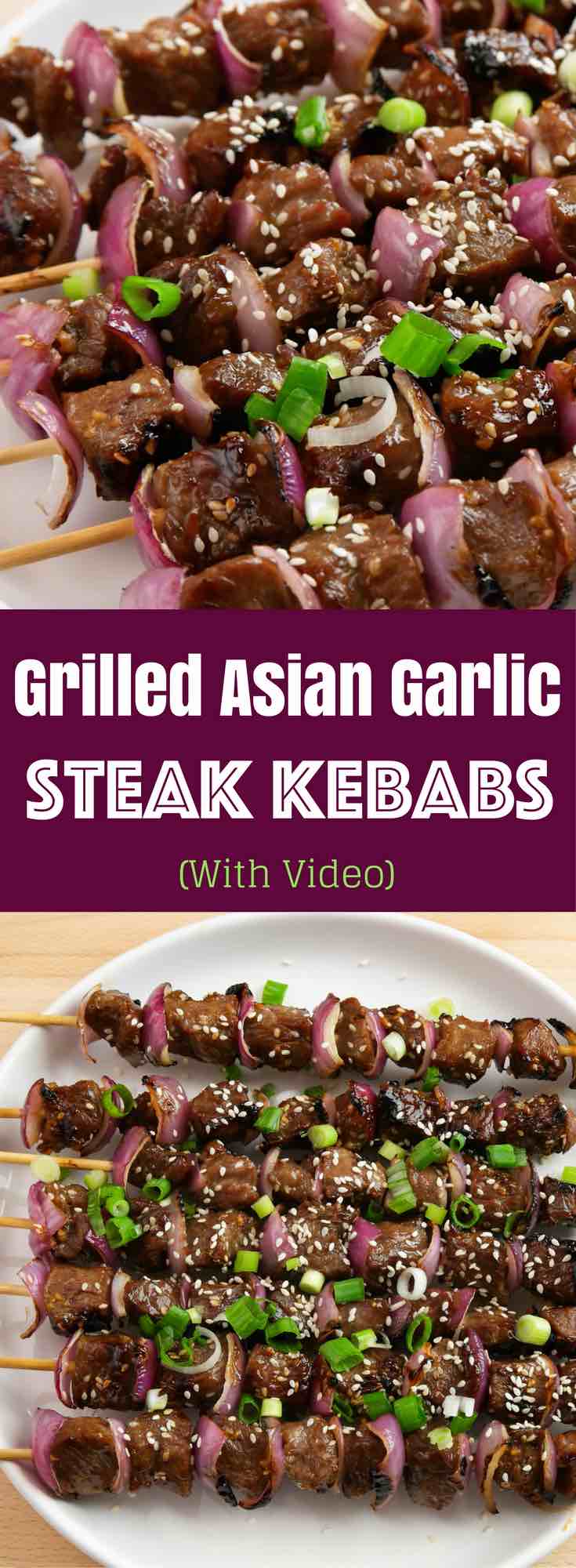 Grilled Asian Garlic Steak Kebabs/Kabobs – Incredibly delicious beef skewers that are so easy to make! Nothing is better than these kebabs to serve on a warm summer day! All you need is some simple recipes: steak, soy sauce, garlic, red onions, green onions, sesame seeds, sugar, giner and oil. So Good! Quick and easy recipe, video recipe. | Tipbuzz.com