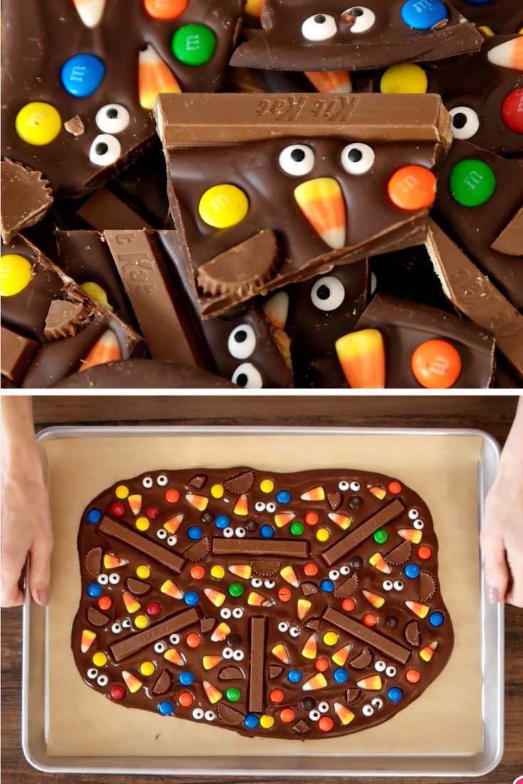 This photo shows pieces of Halloween Chocolate Bark made with dark chocolate, candy and candy eyeballs