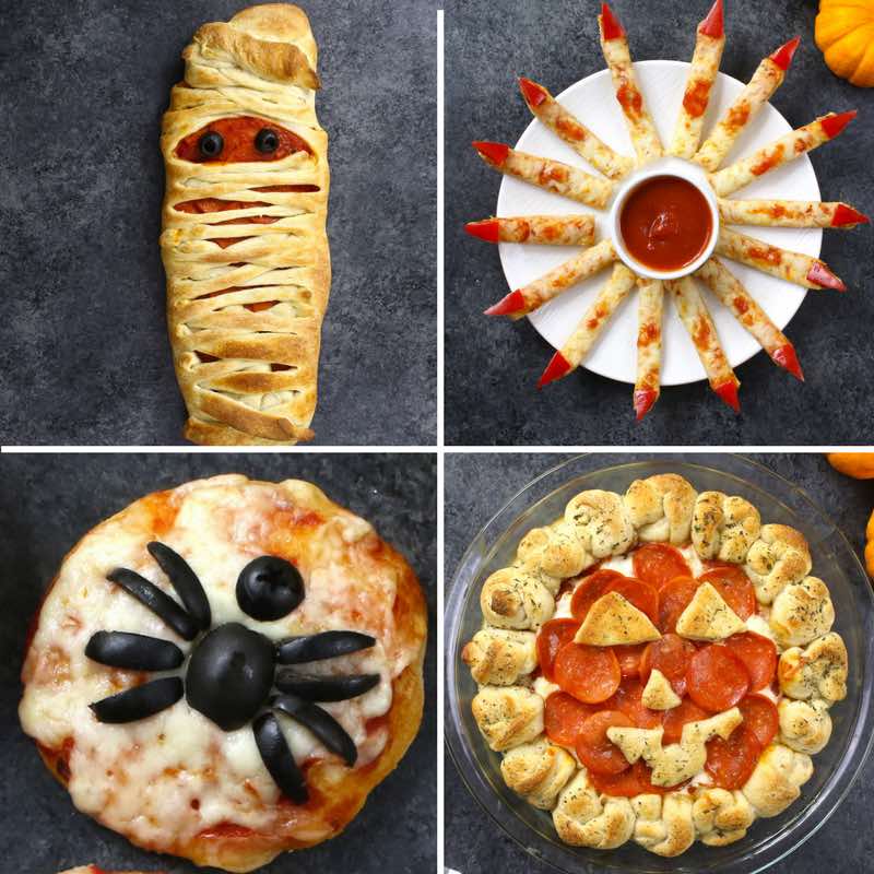 Four Halloween pizza ideas, including mummy pizza, witch's fingers, spider pizzas and a pizza dip