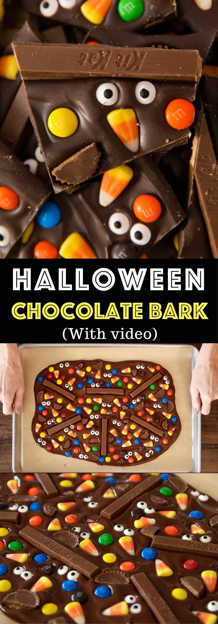 Fun and delicious Halloween Chocolate Bark is one of the easiest Halloween recipes. Melt chocolate and add your favorite candy such as Kit Kat, M&Ms, Peanut Butter Cups and candy corns. It makes a perfect party treat. Fun recipe to make with kids. Dessert, Party Food. Vegetarian. Fun and yummy Halloween recipe. Video recipe. | Tipbuzz.com 