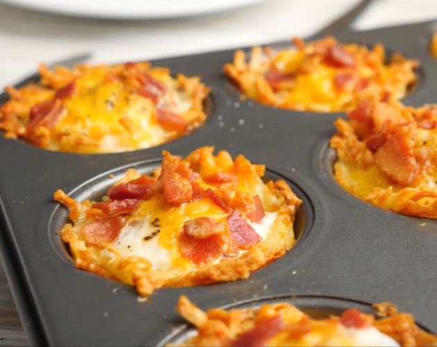 Hash Brown Egg Nests in a muffin tin right out of the oven
