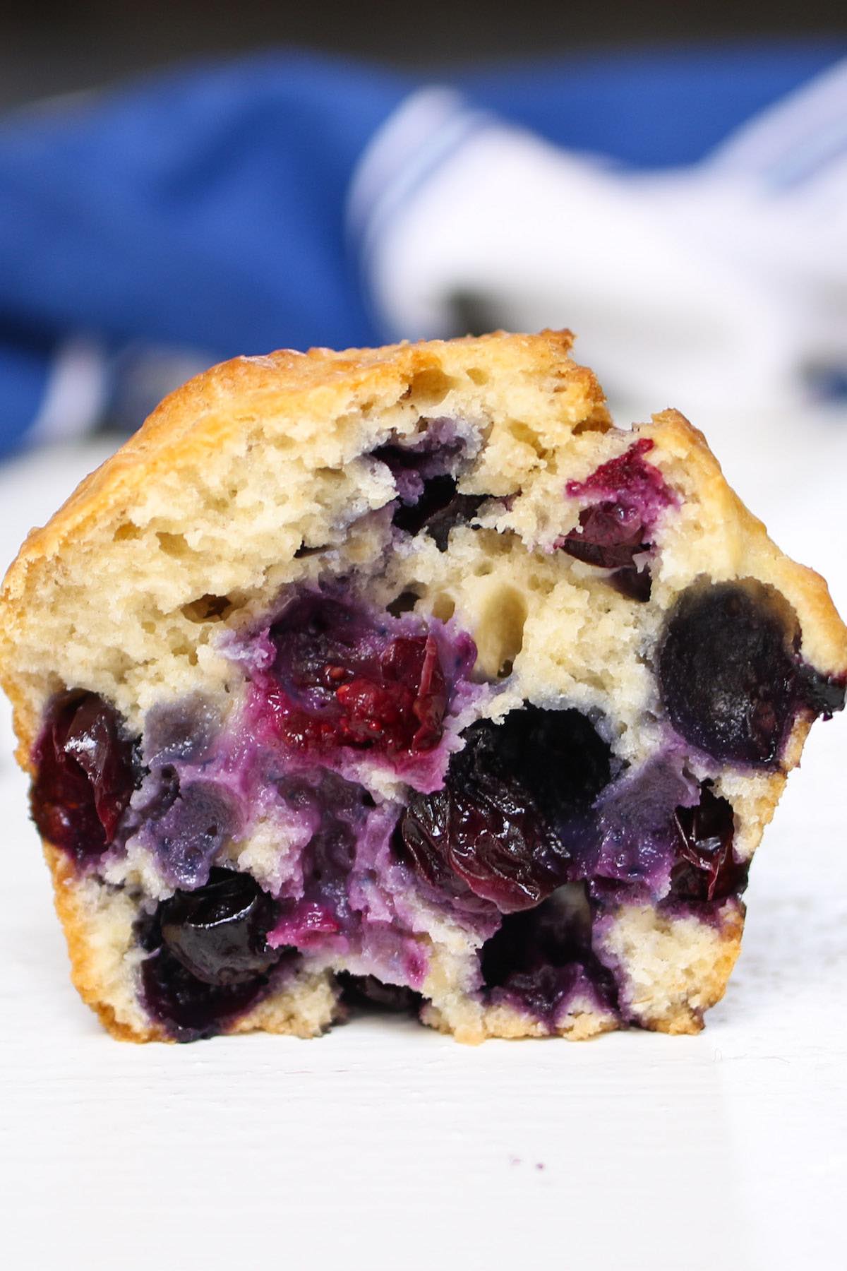 Closeup view of a blueberry muffin when the blueberries not sinking to the bottom