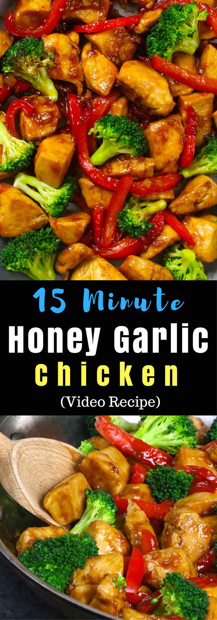 The easiest, most unbelievably delicious Honey Garlic Chicken recipe. And it’ll be on your dinner table in just 15 minutes. Succulent chicken cooked in honey, garlic and soy sauce mix, seared in frying pan with vegetables. Ready in 15 minutes! Quick and easy dinner recipe. Video recipe.