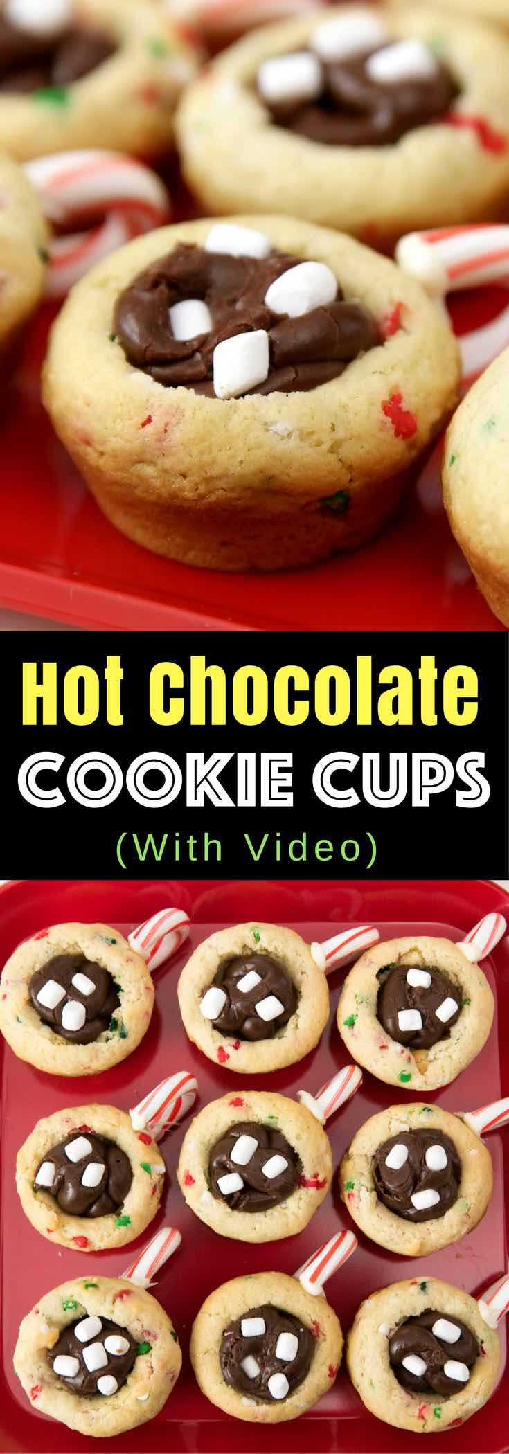 Hot Chocolate Cookie Cups – Quick and easy dessert recipe that’s so festive and great for Christmas! All you need is a few simple ingredients: refrigerated sugar cookie dough, holiday sprinkles, white chocolate, candy cane, chocolate chips, condensed milk and mini marshmallows. So cute! Christmas recipe, party food. Video recipe.