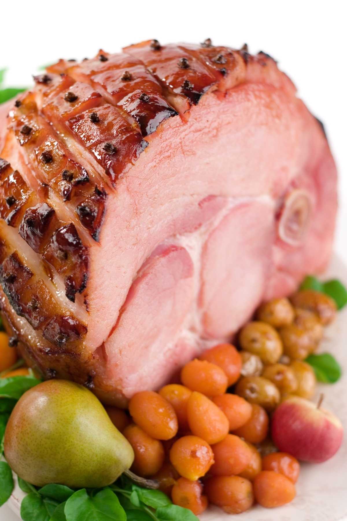 Closeup of a baked bone-in ham cooked to perfection