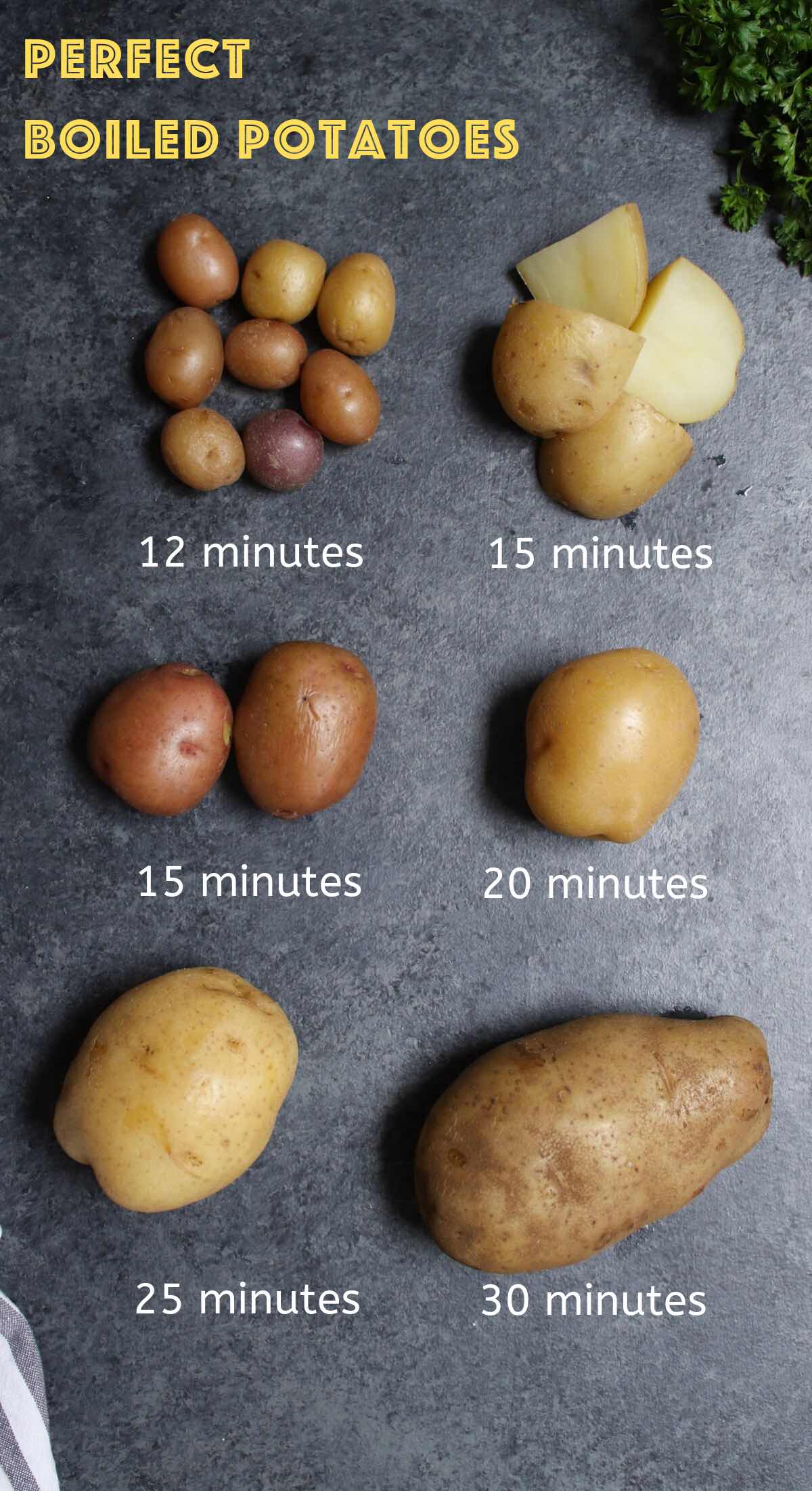 Comparison of different boiled potatoes with their corresponding boiling times to make it easy to determine how long to boil potatoes.