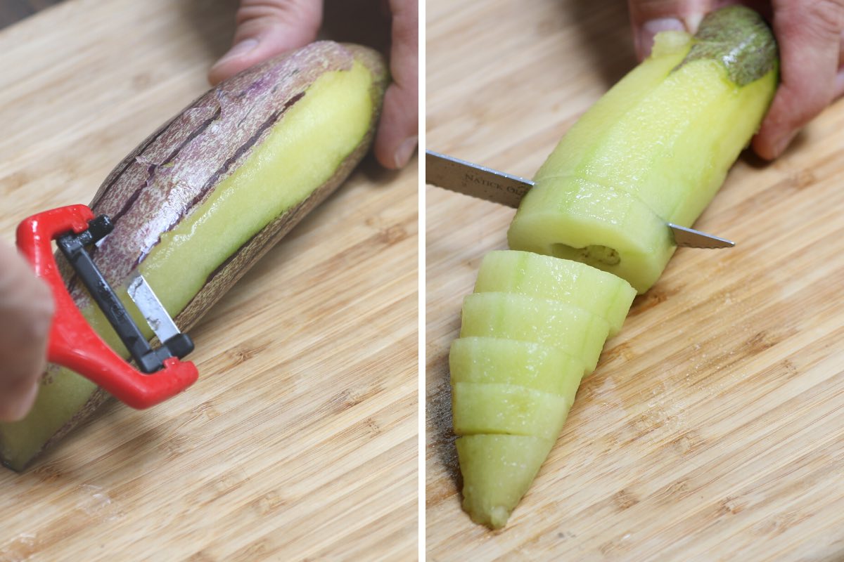 Peeling and slicing a pepino dulce