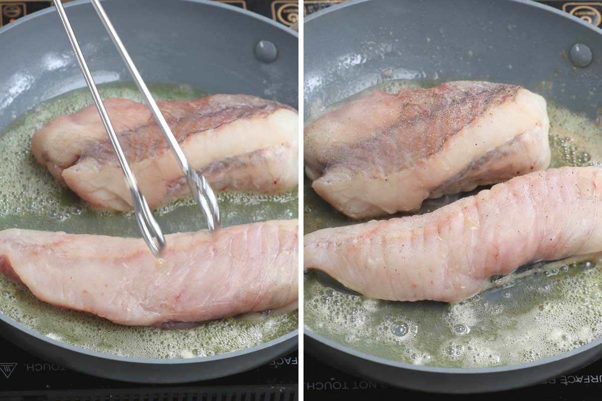 Pan frying monkfish fillets in olive oil and butter