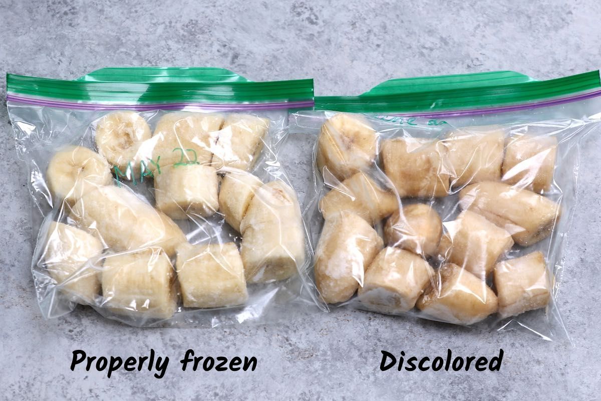 Comparison of properly frozen bananas and discolored bananas that turned brown in the freezer due to oxidation