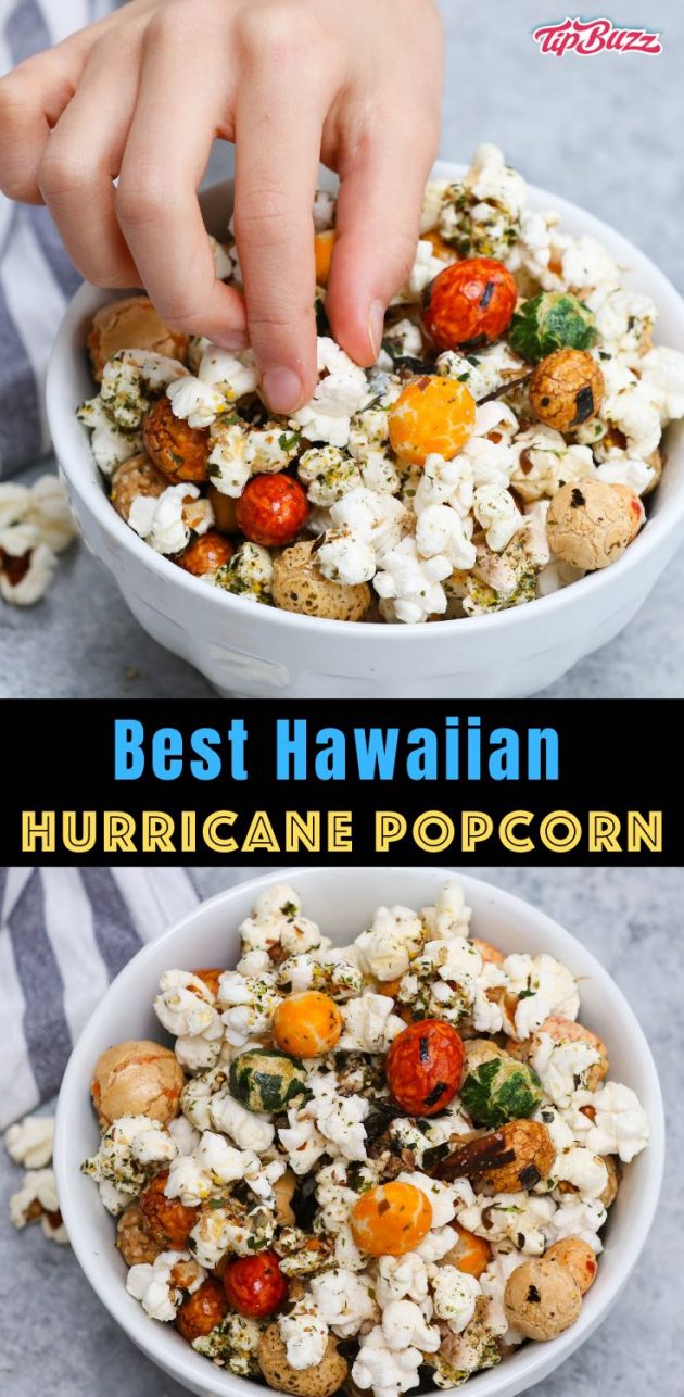 Are you looking for the perfect at-home movie snack? Look no further than Hawaiian Hurricane Popcorn. This easy treat is crunchy and buttery, with a bit of sweetness. Made with popcorn kernels, Japanese rice crackers, and furikake, this easy stove-top recipe is so much better than microwave popcorn and it takes less than 10 minutes to make! #HurricanePopcorn #HawaiianHurricanePopcorn