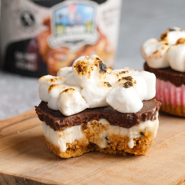 These Ice Cream Smores Cupcakes are a delicious sweet treat with a graham crackr crust, San Bernardo Ice Cream, melted chocolate and toasted marshmallows on top