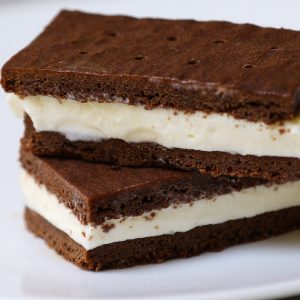 Delicious ice cream sandwiches made with homemade chocolate wafers and vanilla ice cream