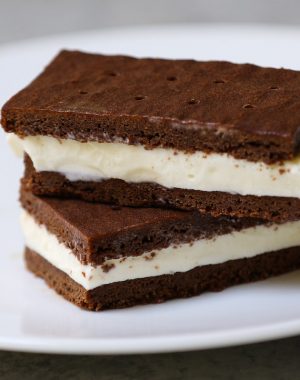 Delicious ice cream sandwiches made with homemade chocolate wafers and vanilla ice cream