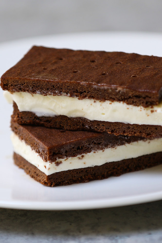 Delicious ice cream sandwiches made with homemade chocolate wafers and vanilla ice cream