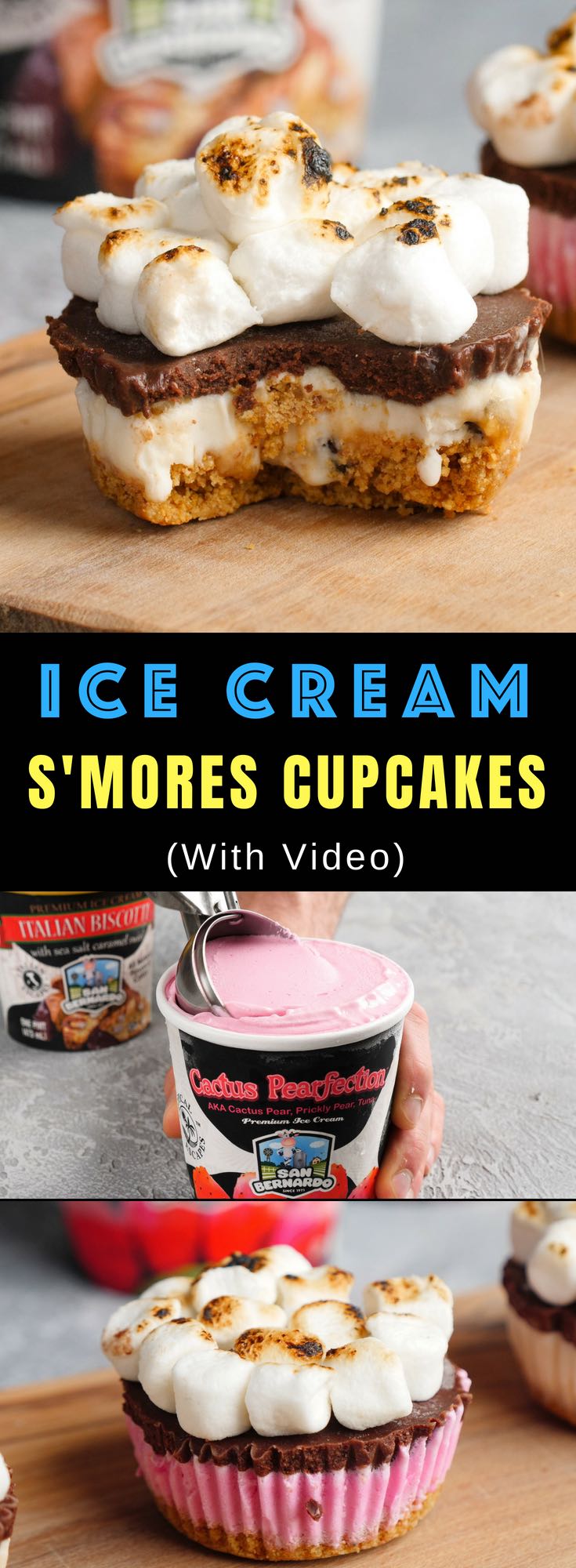 These Ice Cream S’mores Cupcakes are the perfect frozen treats for summertime parties and get-togethers. Make them in advance for a dessert the entire family will love with only 6 ingredients. Video recipe! #smores #icecream #SpoonThis AD